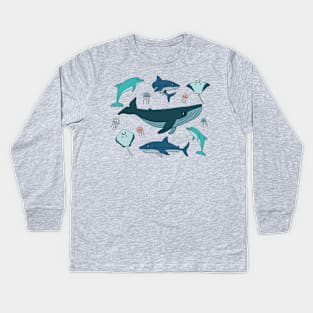 cartoon ocean and sea happy animals. Whale, dolphin, shark, stingray of two types, jellyfish Kids Long Sleeve T-Shirt